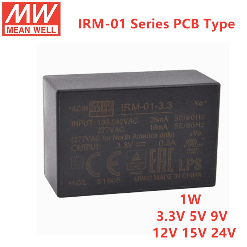 MEAN WELL PCB SMD Style IRM-01 1W инкапсулированный AC-DC Тип блока питания 3,3 V 5V 9V 12V 15V 24V