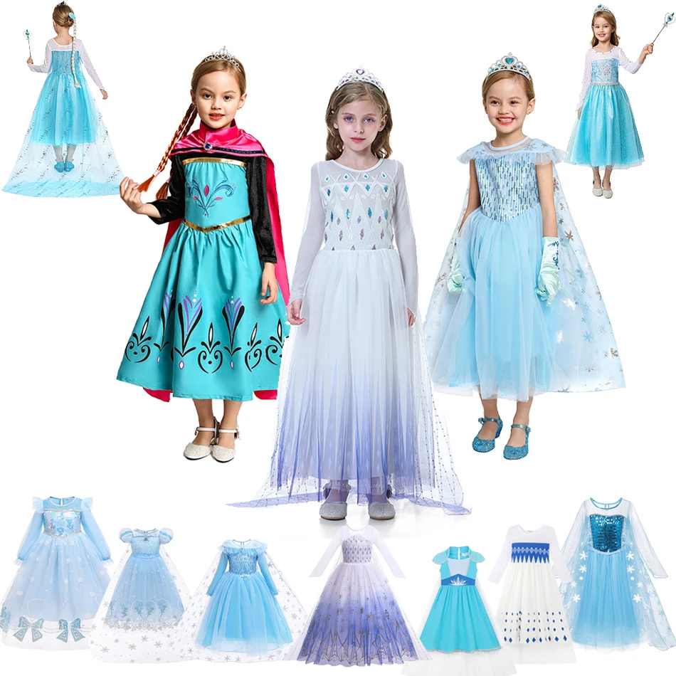 Frozen1&amp;2 Elsa Snow Queen Cosplay Costume Coronation Princess Dress Kid Halloween Birthday Party Vestidos Girl Ball Gown Clothes