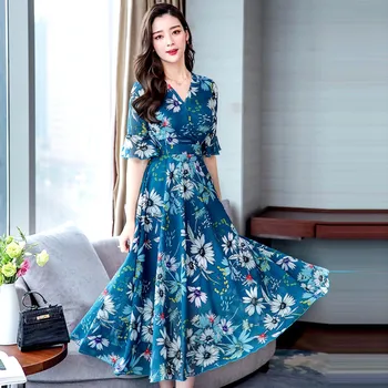 Fashion Short Sleeve Dress V-Neck Floral Print Loose Women Long Dress Summer Casual A-Line 5