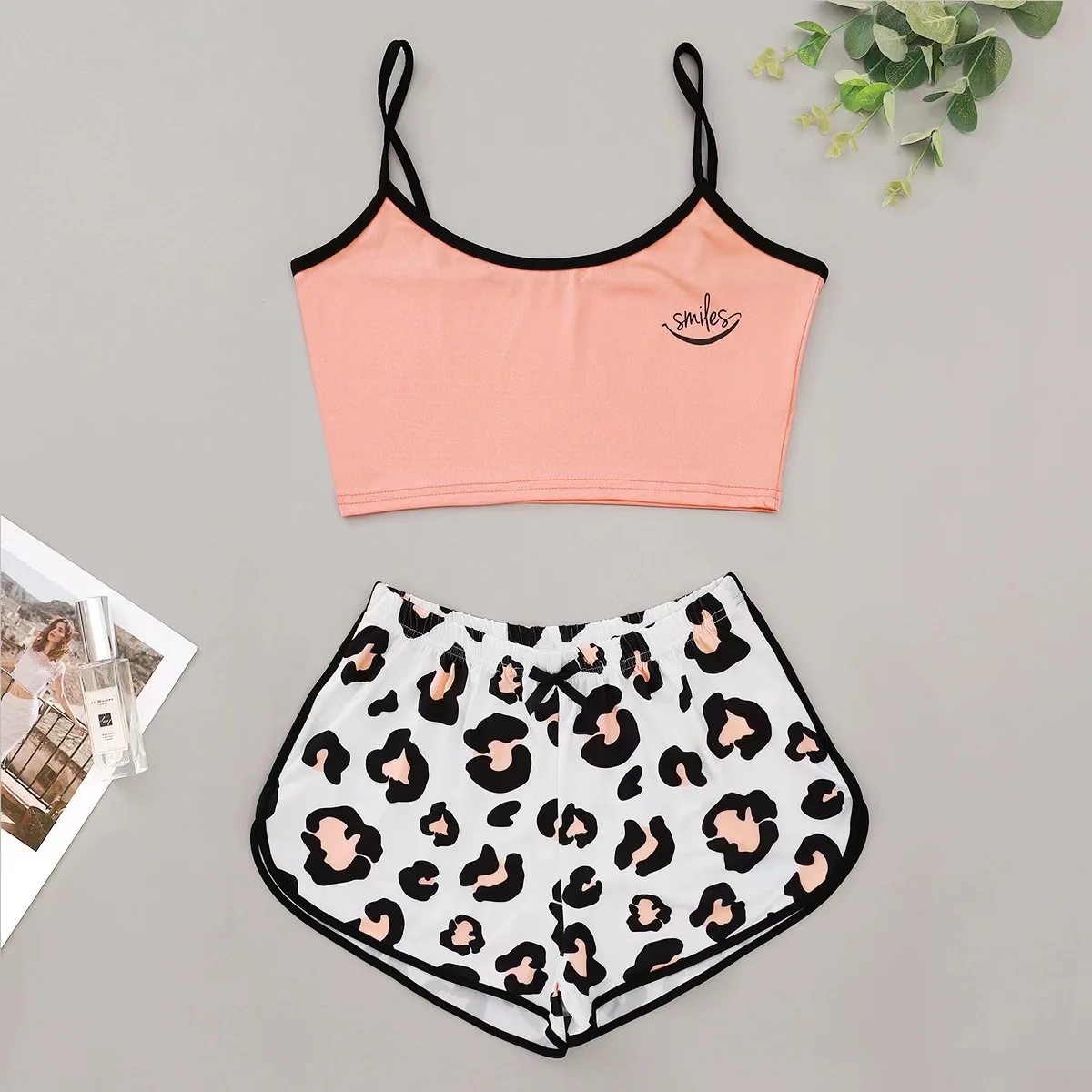 

New Smiles Printed Strap Top Leopard Print Shorts Pajamas Women's Home Suit Set Pajamassexy sleep wearshort sets