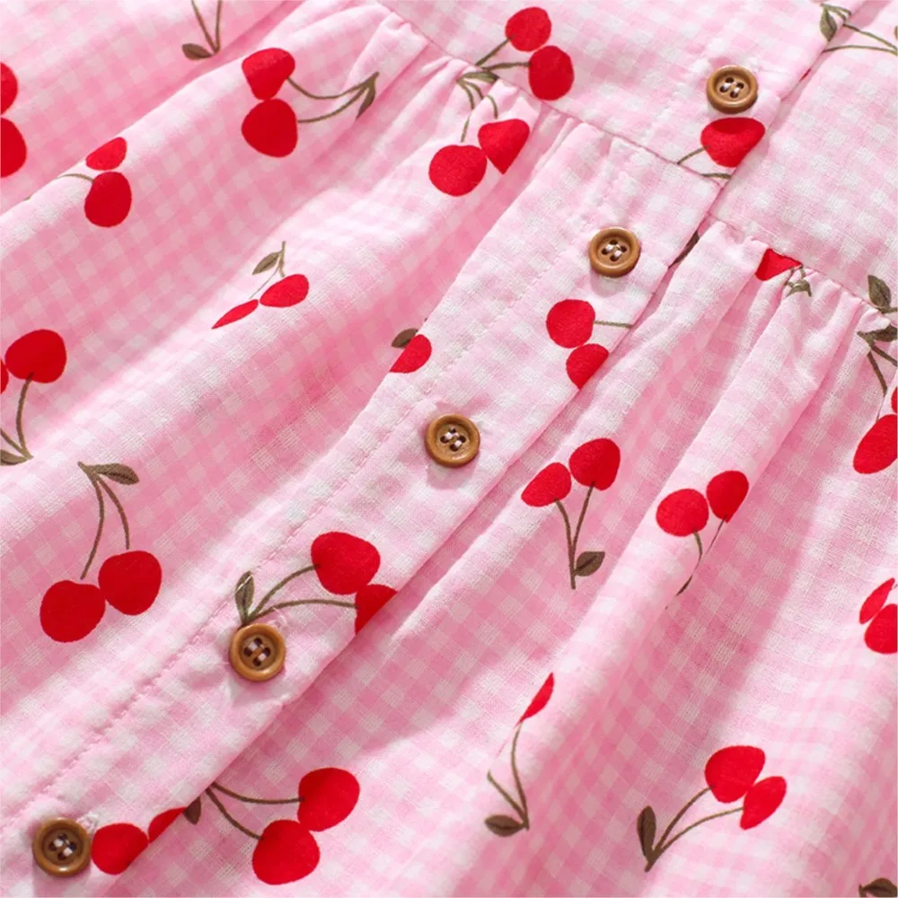 Children's Clothing 2025 Baby Girls Pink Dresses Cartoon Cherry Summer Holiday Dresses Kids Clothes Party Dress