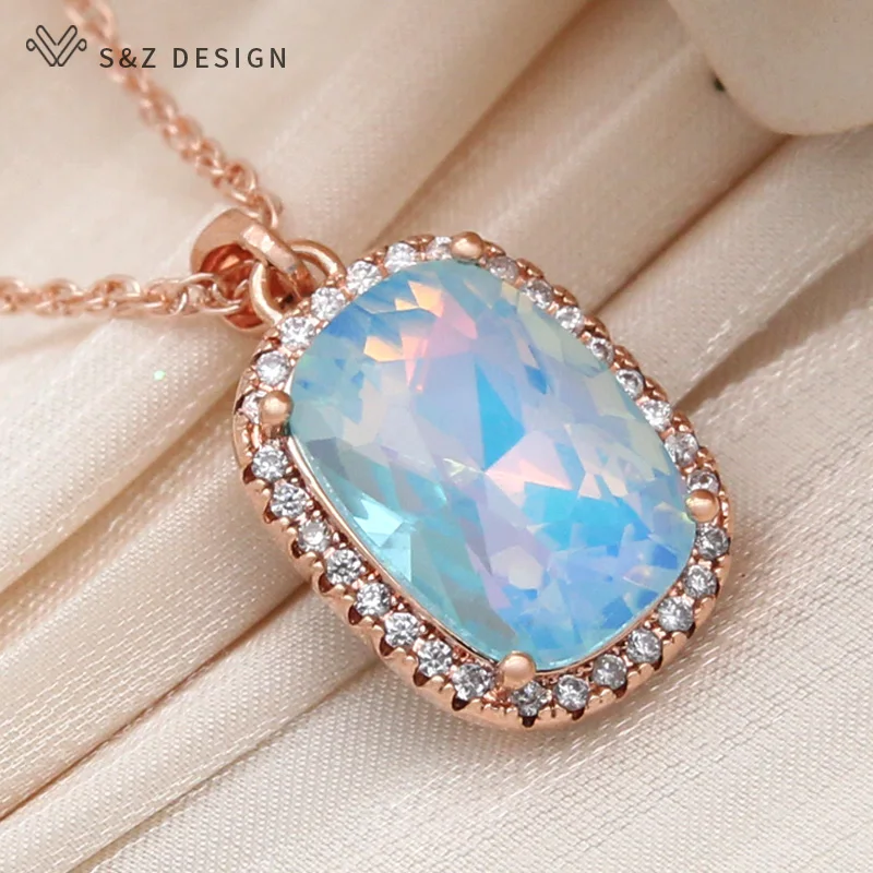 S&Z DESIGN New Fashion Elegant 585 Rose Gold Color Rectangle Crystal Pendant Necklace For Women Wedding Zirconia Jewelry