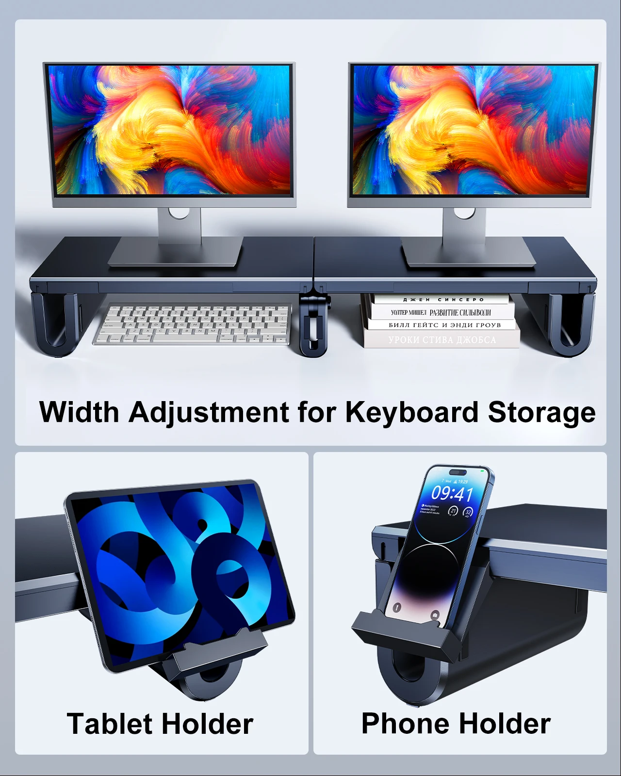 Eary Dual Monitor Stand Riser With Phone Tablet Holder Extra Long Multifunctional Computer Laptop Stand Office Desk Accessories