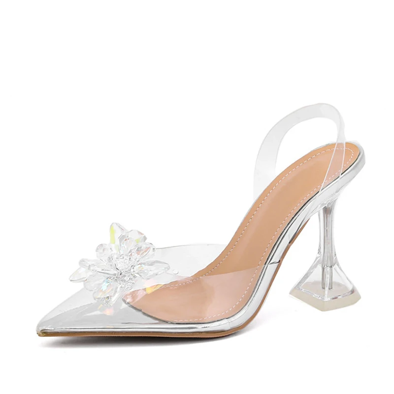 Liyke 2025 New Sexy Slingback Shoes Women Crystal Flower PVC