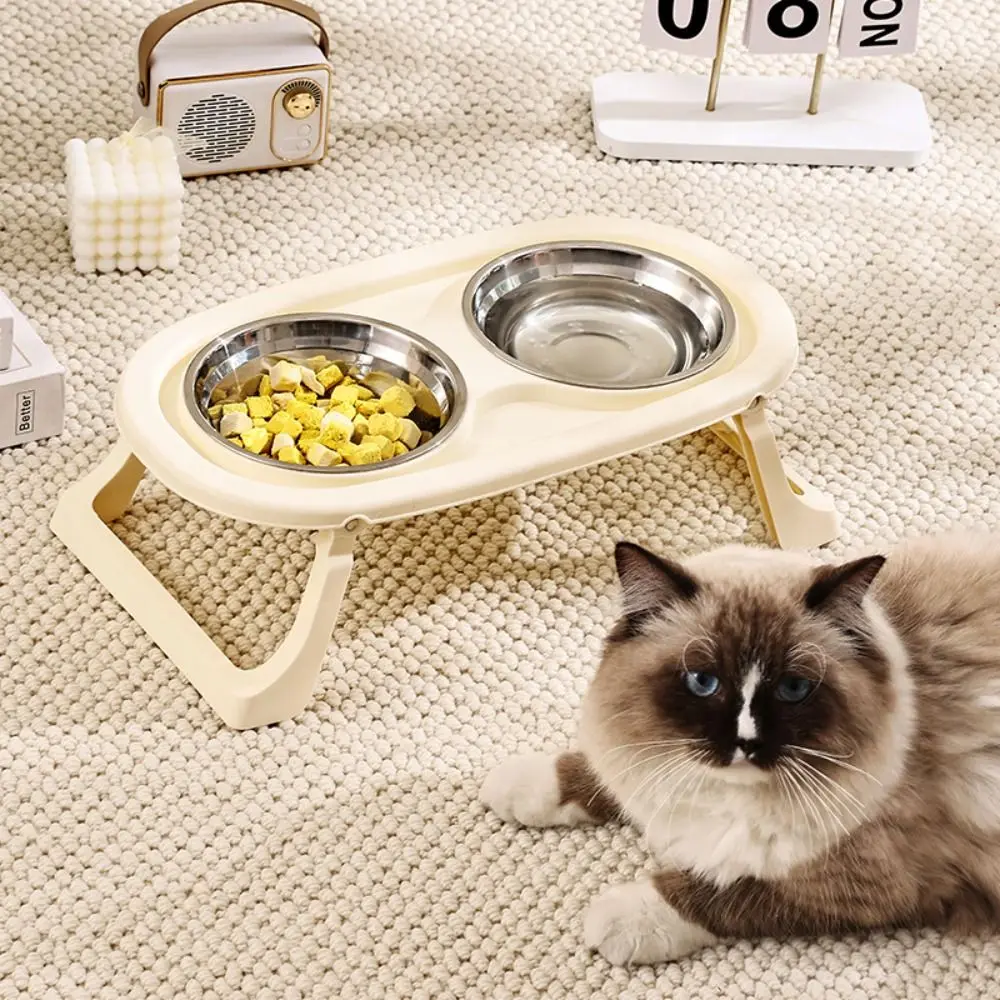 Double Bowls Pet High Footed Bowl Anti-flip Detachable Cat Food Water Bowl Anti-vomiting with Foldable Stand
