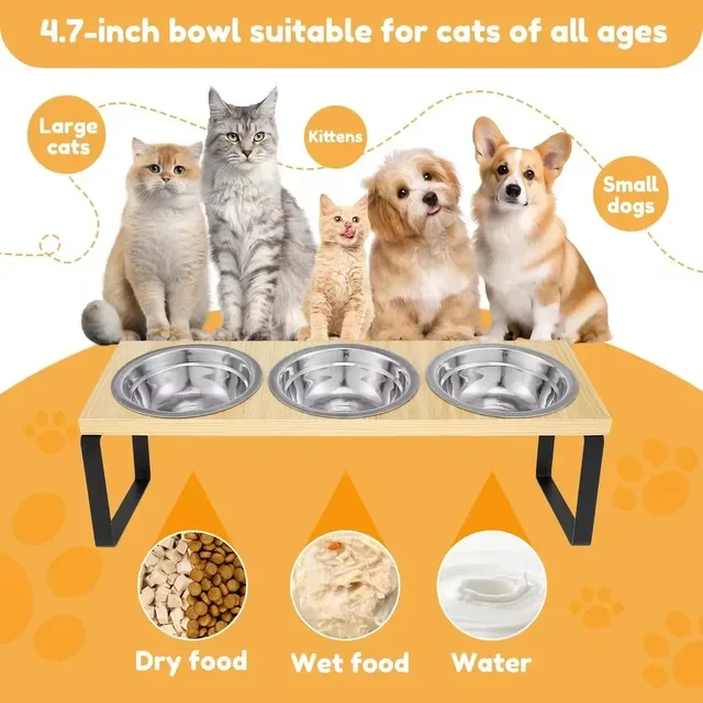 Elevated Cat Bowls - Set of 2/3 stainless steel Pet Food Bowls with Wooden & Metal Stand - 15 degree tilt Cat accessories 5