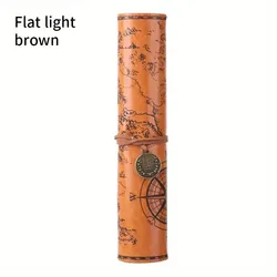 Creative Retro Leather Treasure Map Pencil Case - Large Capacity with Embossed Buckle Design (Flat Light Brown)