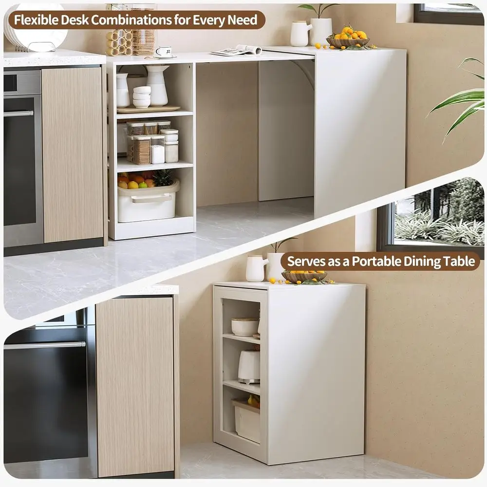 White 58-inch Office Desk with Pull-Out Table on Hidden Wheels, Featuring 3-Tier Open Shelves, Folding and Standing Desk Functio