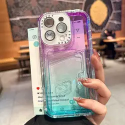 Colorful Gradient Card Slot Wallet Clear Case - Candy Color Bumper Soft TPU+PC Cover - iPhone 15 Plus (Purple Sky Blue)