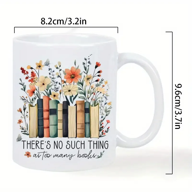Keramikbecher-Bücherregal & Zitat „Es gibt nie zu viele Bücher“ – Weiße Kaffeetasse mit mehrfarbigem Blumenmuster_voghion.com
