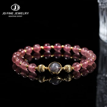 JD naturalny Stawberry kwarcowy szary kamień księżycowy szczęśliwa bransoletka kobiet elegancka słodka bransoletka dziewczyna para najlepsza biżuteria prezent