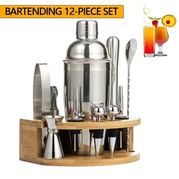 Set di strumenti da bar in acciaio inossidabile da 12 pezzi Set di shaker per cocktail con supporto rotante in bambù per uso domestico, bar, feste