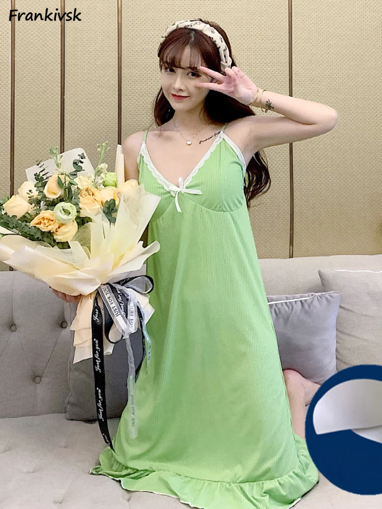 

Spaghetti Strap Nightgowns Women Summer Sexy Fashion Korean Style Simple V-neck with Chest Pads Popular Hotsweet Homewear Daily