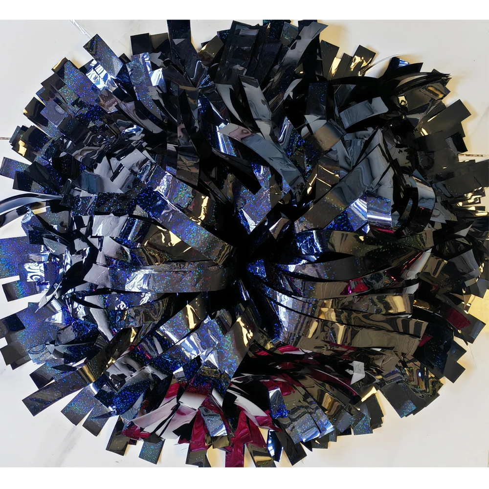 1PIECE,Cheerleader Pom Pom ,Metallic holographic black, Size and Color, Baton Handle