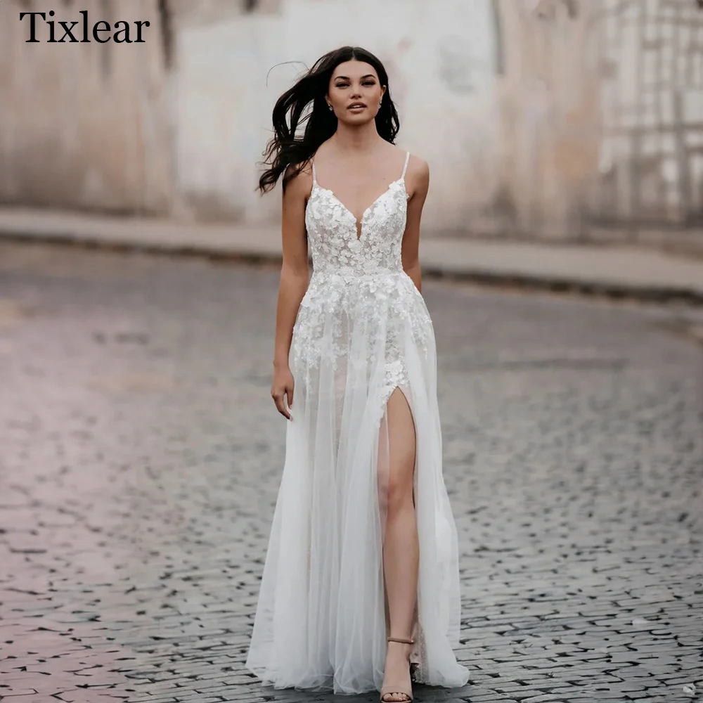 

TIXLEAR Elegant Wedding Dresses For Woman A-line High Split V-Neck Spaghetti Straps Open Back Bridal Gowns Vestidos De Novia