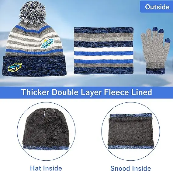 Maylisacc Winter Kids Bobble Hat Scarf Gloves Set with Double Layer Fleece Lining for Boys Girls Aged 3-8, Warm Knitted Pom Pom
