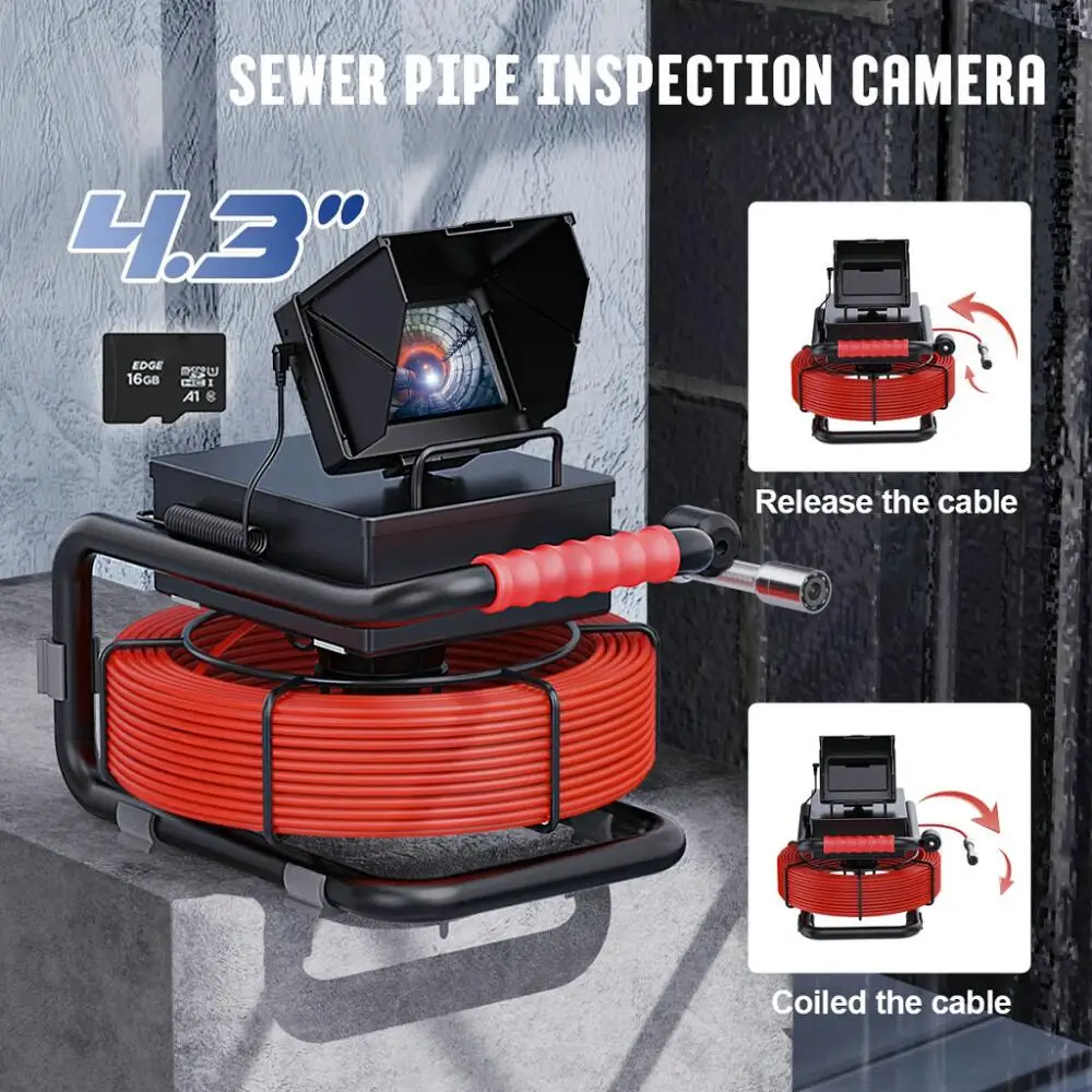 산업용 하수구 내시경 카메라, DVR IP68 배수관 검사 파이프라인, 4.3 모니터 지원, 17mm, 22mm, 16GB 카드