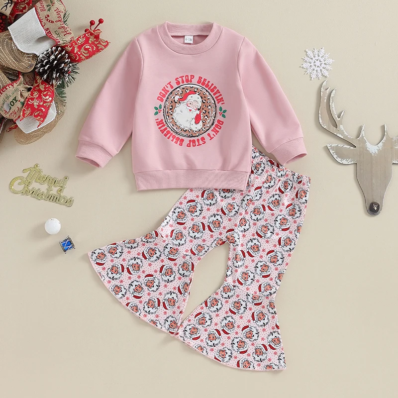 

2023-09-13 Lioraitiin 2-3Y Kid Girls Christmas Clothes Set Santa Claus Print Long Sleeve Sweatshirt with Flare Pants Outfit