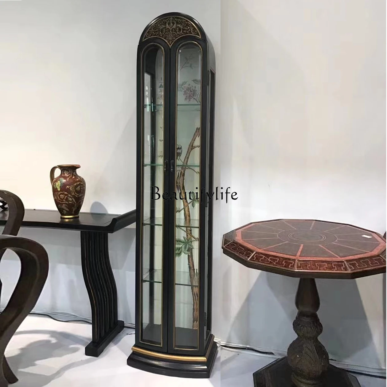 

American Glass Display Cabinet Small Apartment Arch Home Living Room European Retro Painted Wall Curio Cabinet