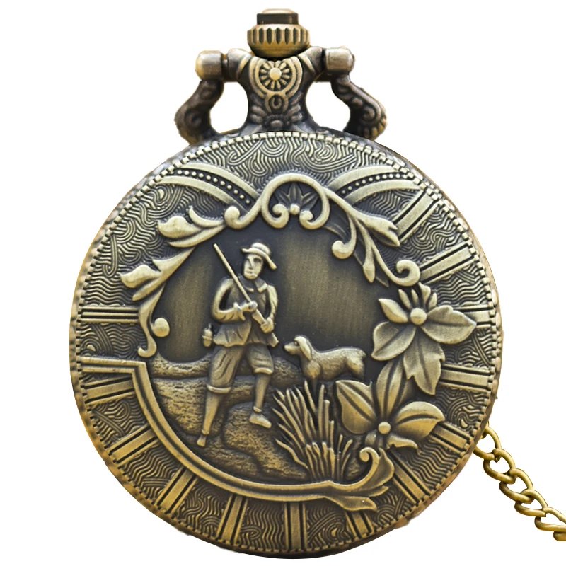 Vintage Bronze Pattern Hunter With Dog Pattern Male And Female Students Gift Quartz Necklace Pocket Watch