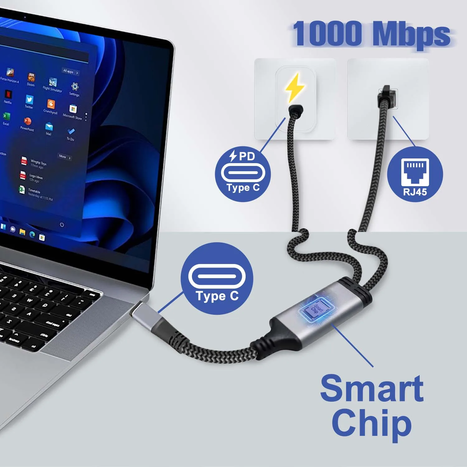 Ethernet cable ethernet adapter USB C to Ethernet Cable 1Gbps Gigabit Type C to RJ45 LAN Network Adapter 100W PD for PC Laptop MacBook