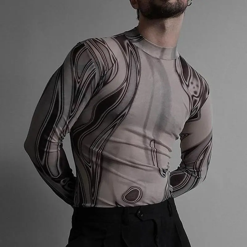 

New Tight-fitting Sexy Men's Bottoming Shirt Fashion Trend Print Slim Top Streetwear Men T Shirt Autumn Long Sleeve Tops