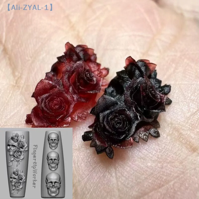 【ZYAL-1】장미 꽃 해골 실리콘 네일 아트 몰드 DIY 해골 손 디자인 투명 조각 몰드 네일 아트 장식