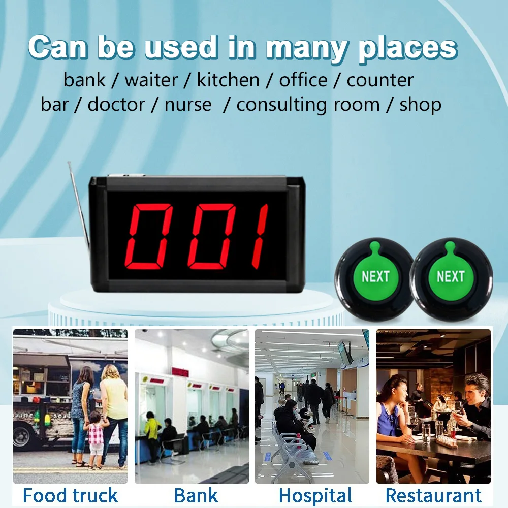 Wireless Calling System Restaurant Wireless Calling Queue Management System Take A Number Machince With 3-digit LED Screen and 2pcs Next Control Button