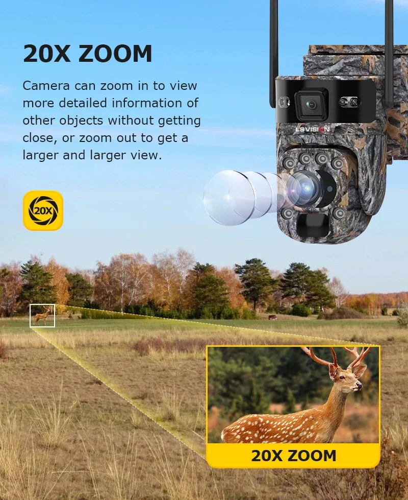 12MP 4G SIM Solar Trail Camera 20X ZOOM Wireless Battery Camera Outdoor Hunting