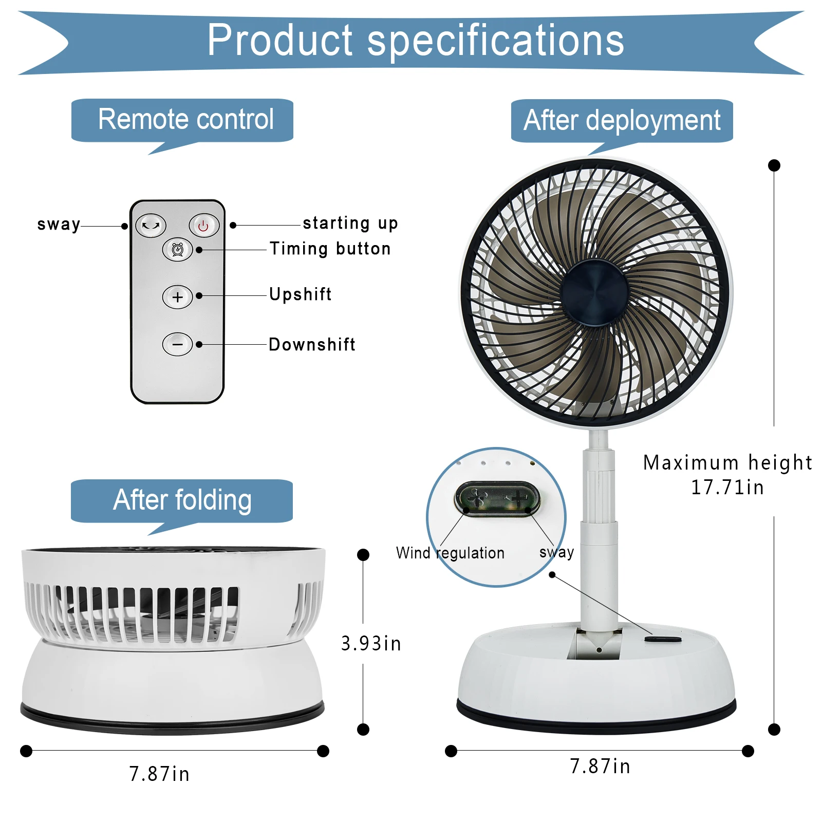 New Gale Telescopic Folding Fan Shaking Time Outdoor Remote Control Fan Floor Fan Rechargeable Portable 7-inch USB Folding Fan 2