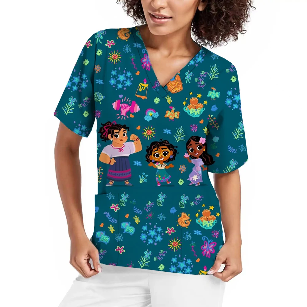 

Disney Princess Print Nurse Uniform Dental Clinic V-neck Surgical Gown Snow White Pet Hospital Work Clothes women's short-sleeve