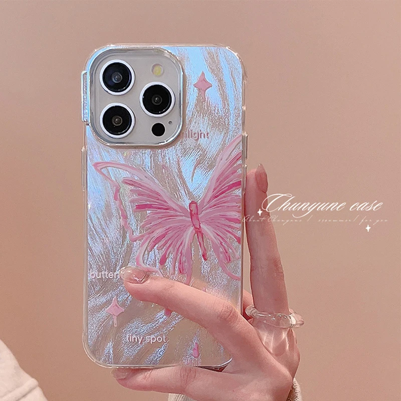 Luxury Pink Butterfly Laser Glitter Phone Case For iPhone 11 12 13 14 15 16 Pro Max Plus Pro Max Fashion Shockproof Bumper Cover_voghion.com