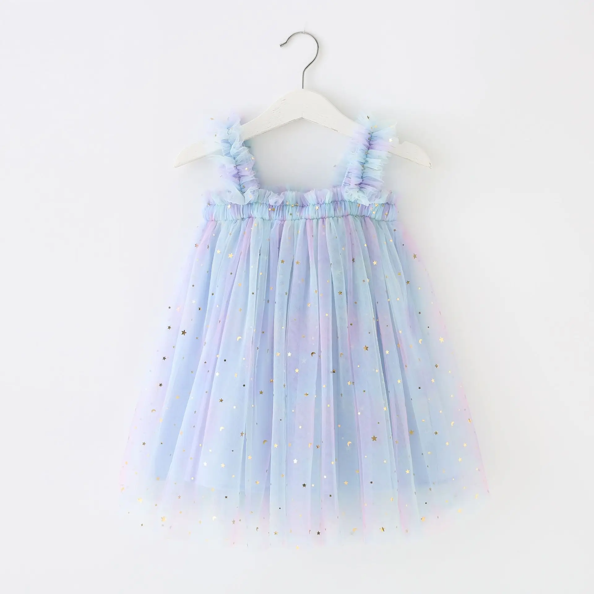 Children's sequin star rainbow suspender dress kids girls mesh fluffy dress baby photo princess frocks