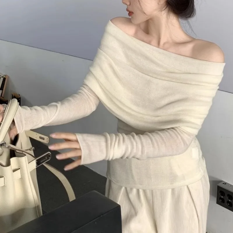 Women Long Sleeve Off Shoulder Knitted Sweater