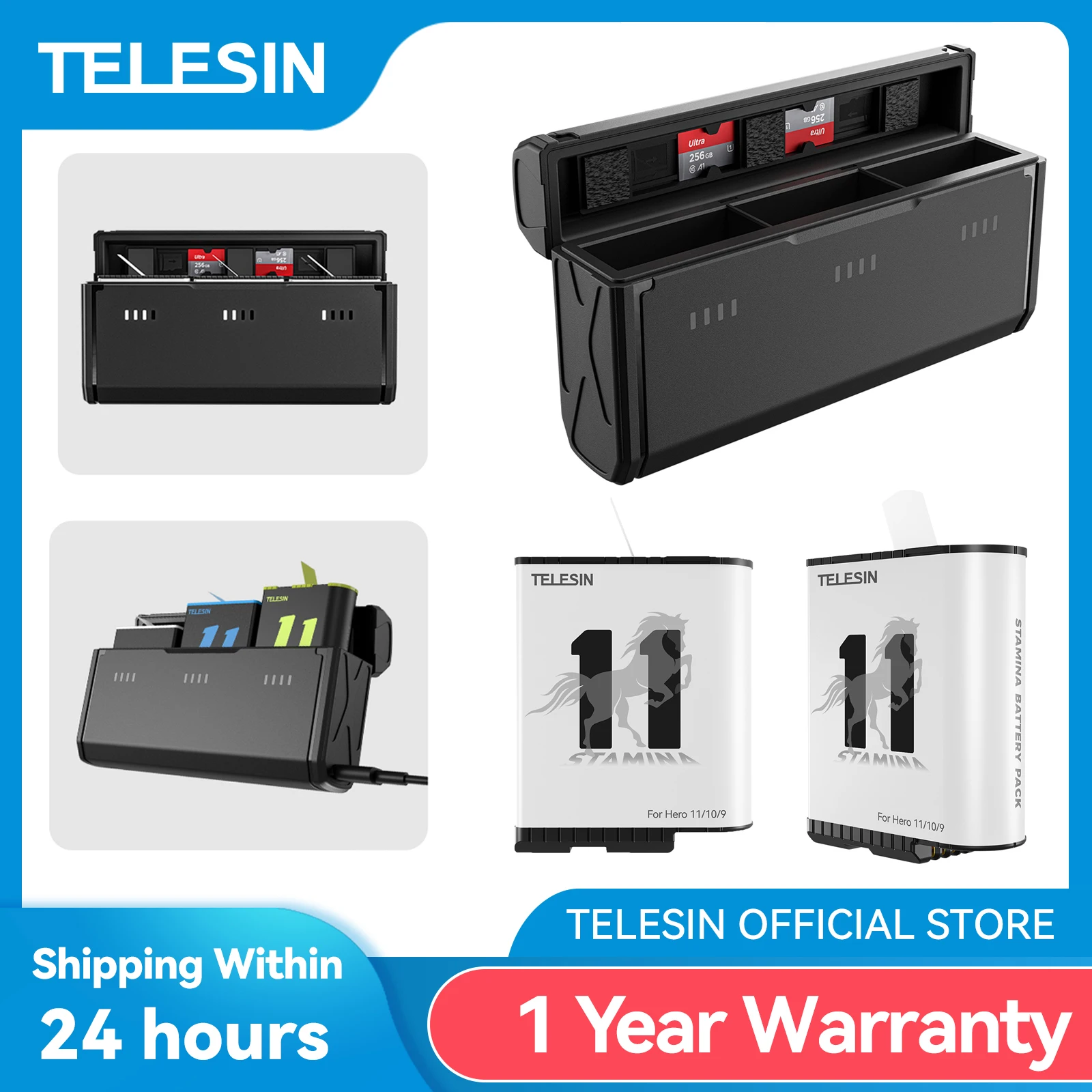 テレジン-GoPro用耐久性バッテリー,3スロット,TFカード,充電ボックス,1750 mah,9 10 11