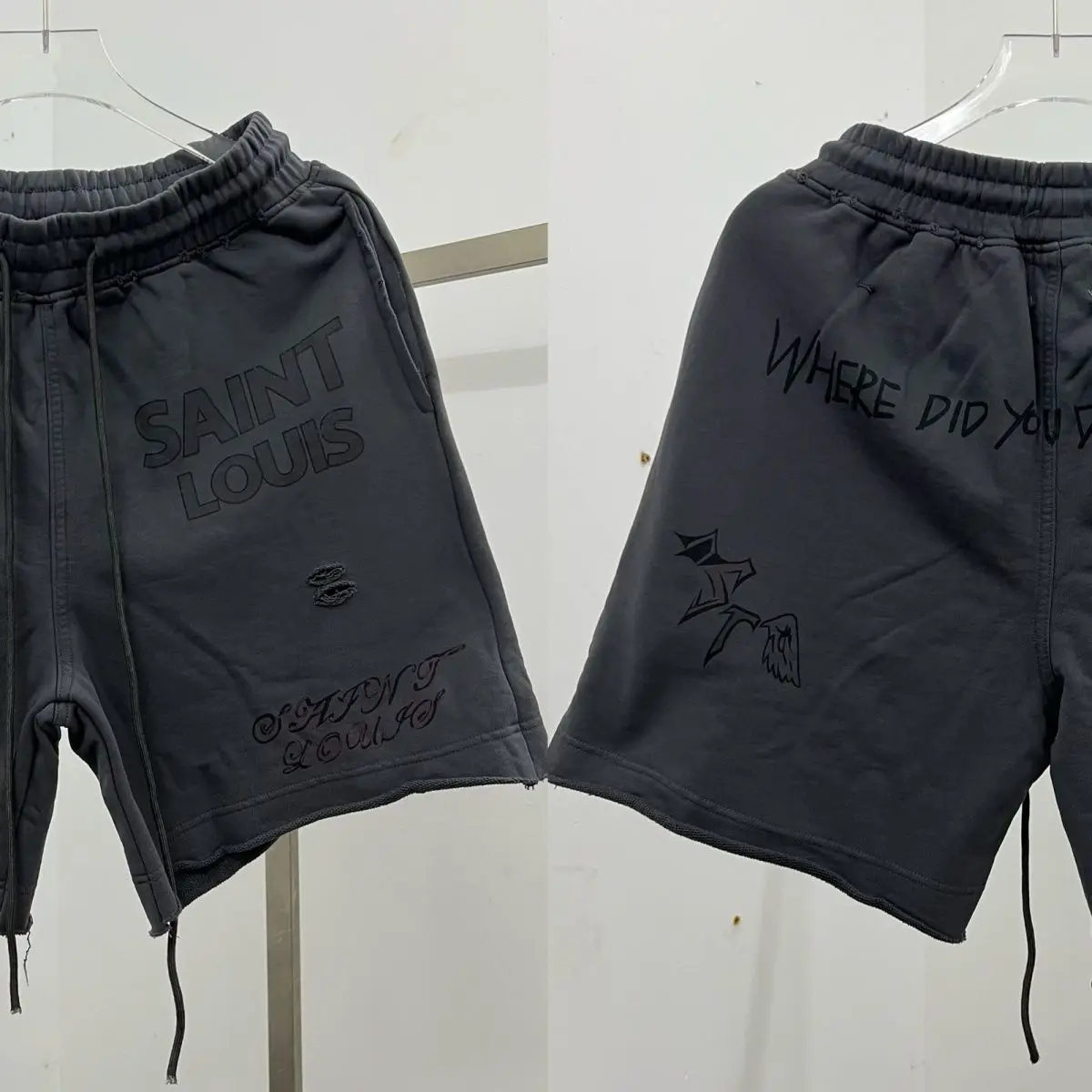 2024FW Summer SAINT LOUIS Washed, Worn Out, Spicy Ink Graffiti, Water Diamond Shorts, Men's and Women's Curled Casual Shorts