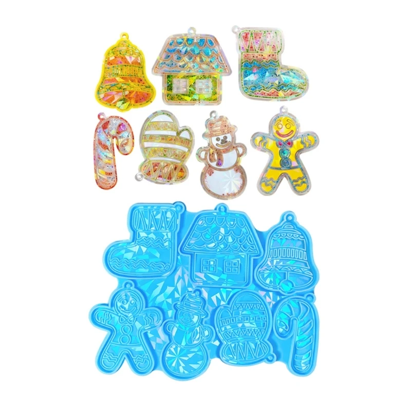 

Holographic Christmas Pendant Silicone Mold Light Shadow Keychain Pendant Silicone Mold Combined House Bells DIY Ornaments Mould