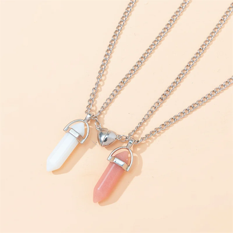 

1 Pair New Natural Quartz Crystal Hexagonal Column Pendant Necklaces Magnetic Heart Couple Necklace Valentine's Day Gift