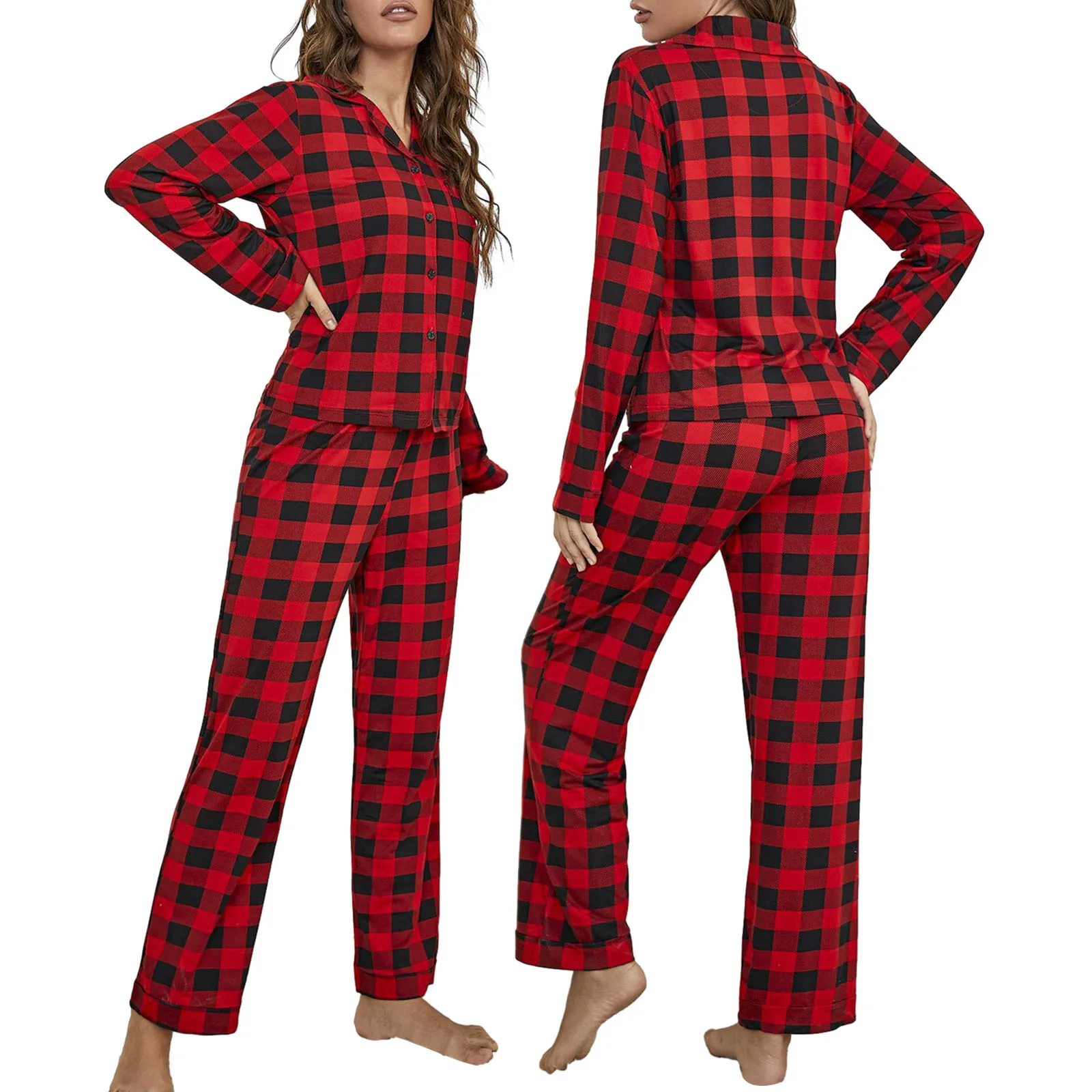 

Women Pajamas Lounge Set Plaid Turn-Down Collar Long Sleeve Shirts Tops and Pants 2 Piece Loungewear Outfits