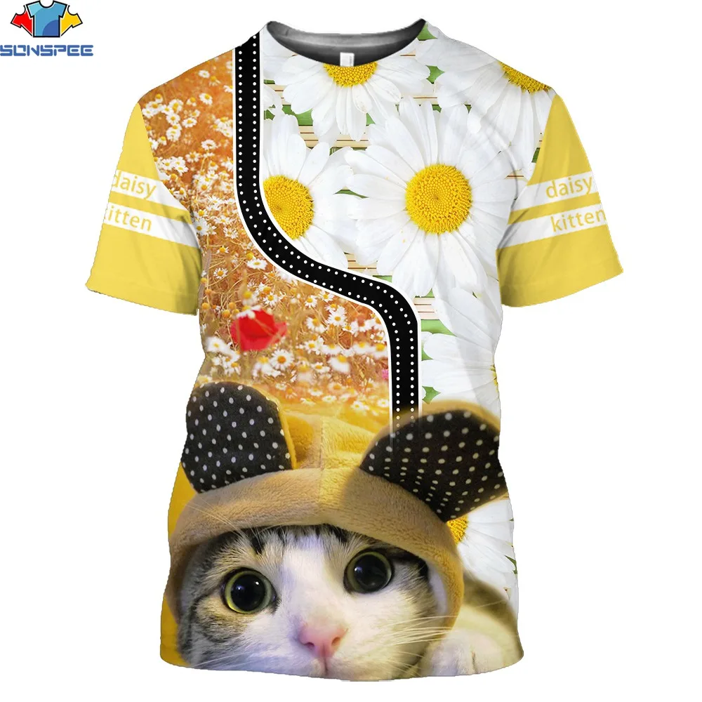 

SONSPEE 3D Men's Women's New Summer Short Sleeved T Shirt Cute Cat Flower Cool Leisure Sport Comfortable Loose Large Size Tops