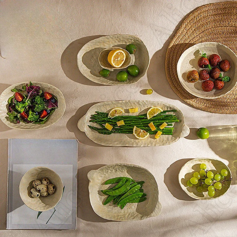 Good-looking Hand-kneaded Vegetable Plate Japanese-style Ceramic Handmade Plate Household Coarse Pottery Retro Fish