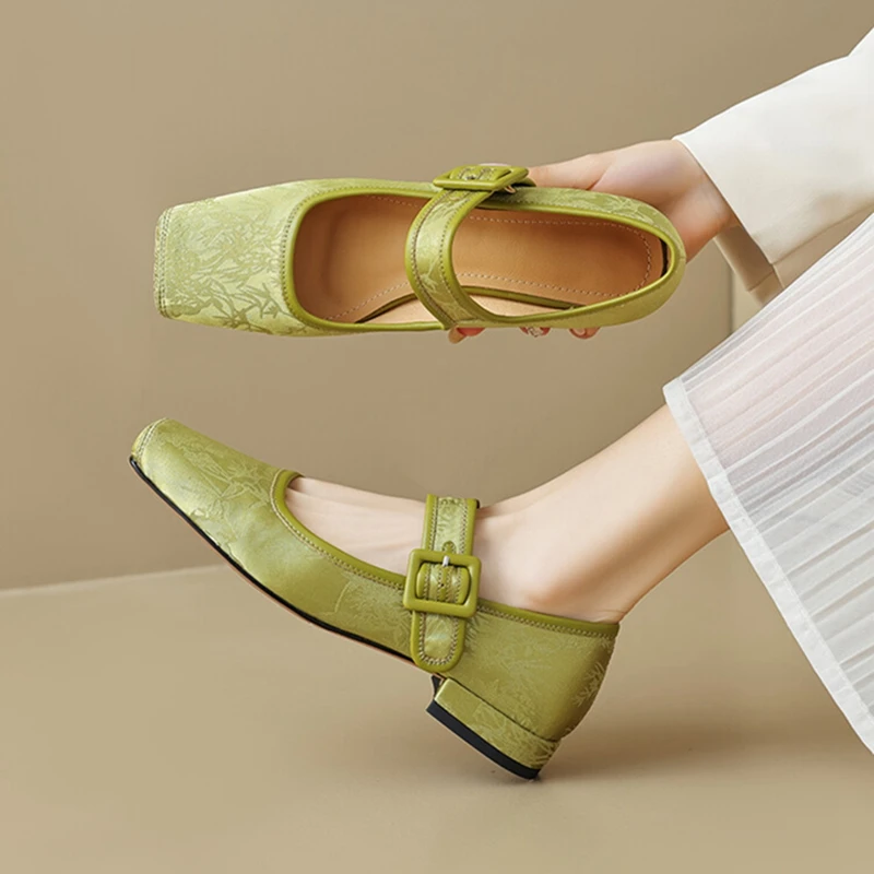 

NEW Spring/Autumn Women Pumps Square Toe Chunky Heel Shoes Satin Shoes for Women Elegant Low Heel Buckle Black Mary Jane Shoes