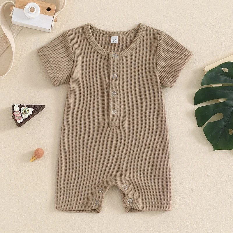 

Baby Boys Waffle Jumpsuit Casual Summer Solid Color Button Short Sleeve Romper for Newborn Infant Cute Clothes