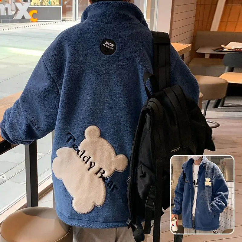Autumn Winter New Style Men Coats Fashion Warm Lamb Wool Coat Warm Cotton Clothes Male Loose Stand-up Collar Zipper Tops