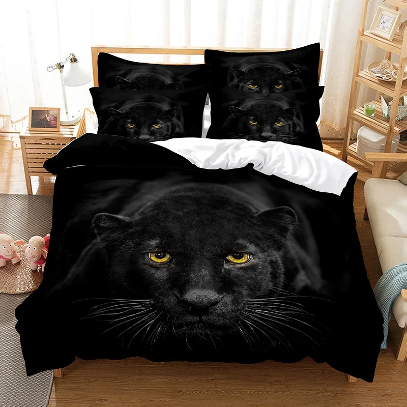

3d Black Leopard Duvet Cover Set,Animal Bedding Set,wolf Cat Dog Digital Printing Comforter Cover Full King Size Fashion Design