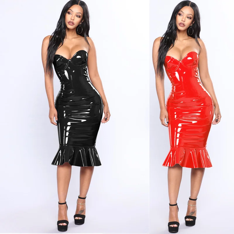 

Size Red Black PVC Wet look Leather Strapless Ruffle Mermaid Bodycon Dresses Women Sexy Off Shoulder Club Party Dress
