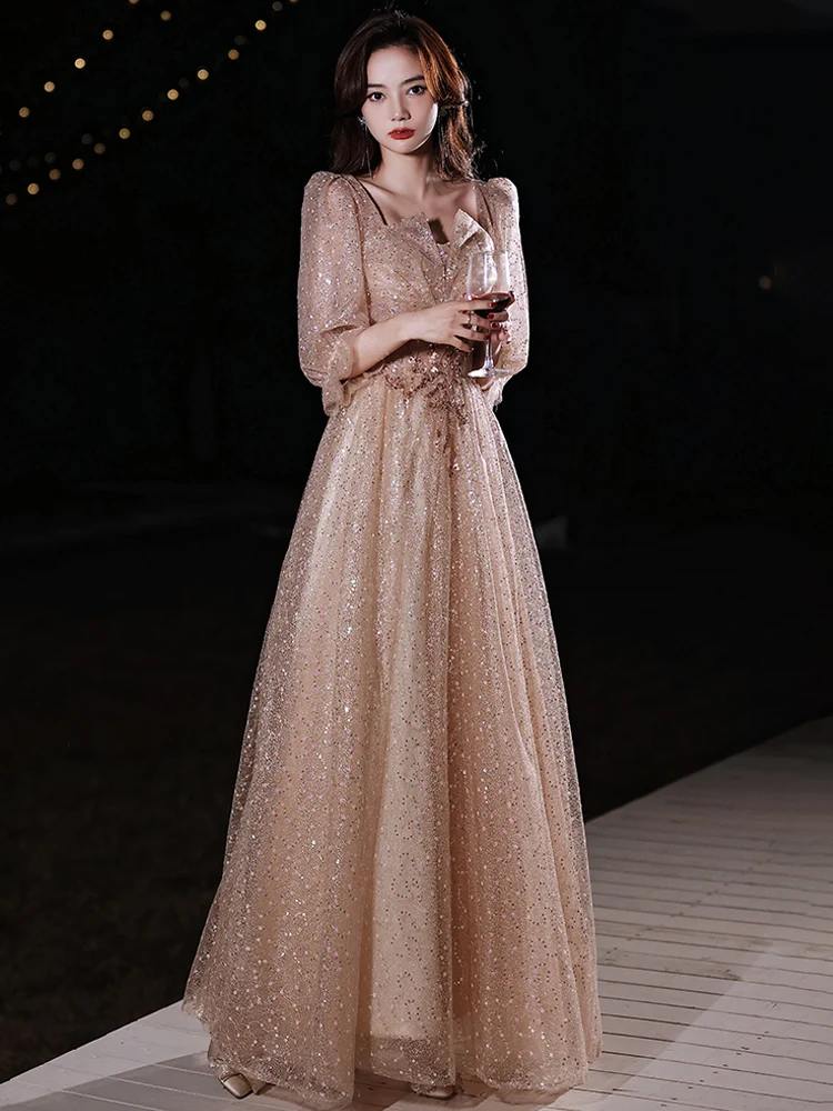 Sequin Tulle Long Prom Dresses For Graduation Party Elegant Square Neck A-Line Floor-Length Women Formal Evening Dresses cute prom dresses Prom Dresses