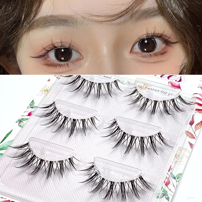 

3 Pairs Fairy Fluffy Wispy False Eyelashes Natural Transparent Thin Stem Eyelashes Curly Lash Extension Beauty Big Eyes Makeup