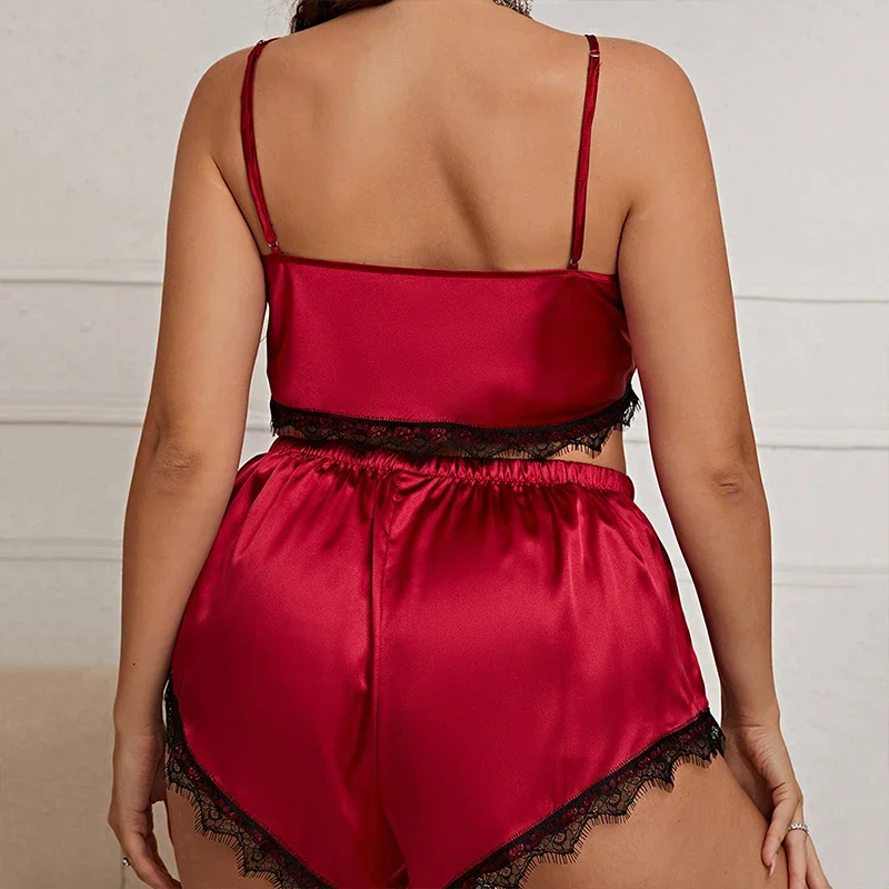 Puls-size Women's Pajamas 2-pcs Set of Suspender Shorts Summer Breathable Silk Sleepwear Ice Silk Loungewear Can Be Worn Outside