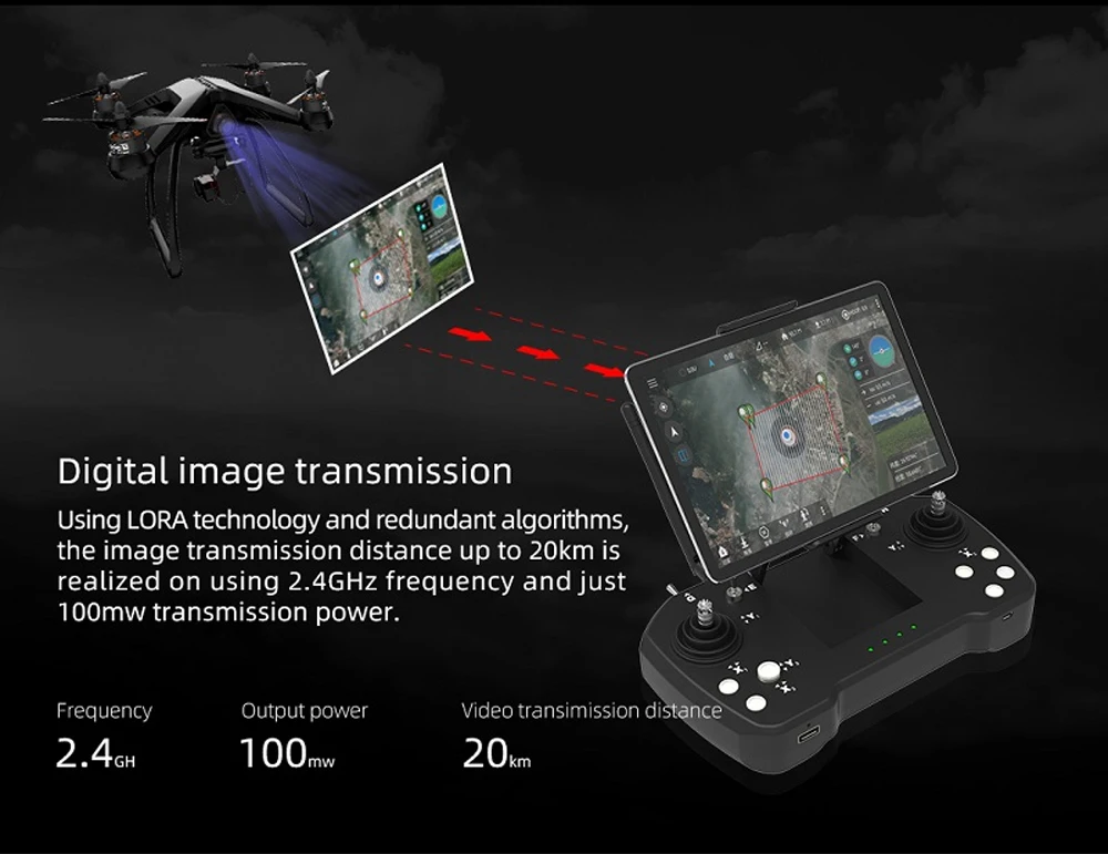 JIYI K++ K3A Pro Flight control Skydroid T12 Remote Control with Three-body Camera for agricultural drone remote control kit 14 the image transmission distance up to 2Okm is realized on using 2.4GHz frequency .